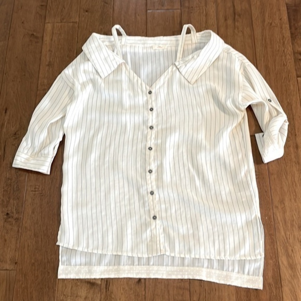 Hummingbird Cold Shoulder Button Down V-Neck Tunic - image 1